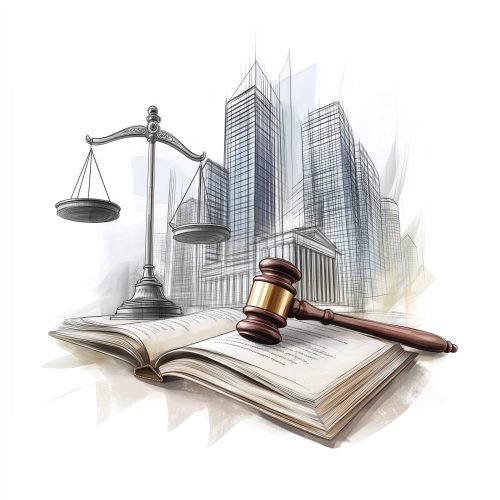 abstract-sketch-about-law-business-city-with-scale-courthouse-gavel-law-books